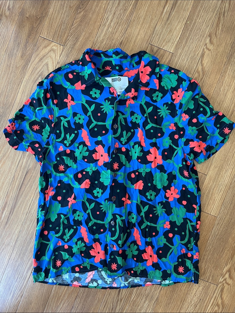 Target Short-Sleeve Button-Up Shirt - Black with Green & Coral Floral Print